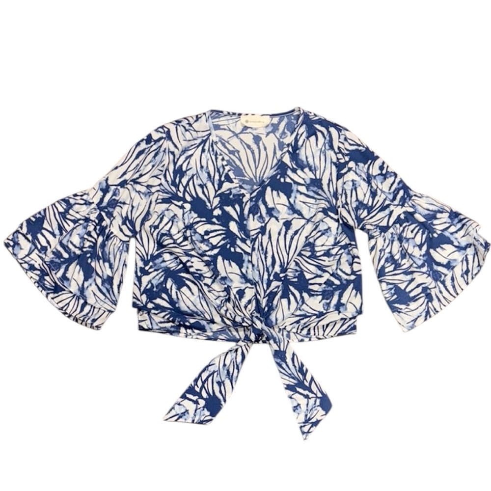 The Impeccable Pig Blue White Tropical Boho Tie Front Bell Sleeve Top Medium